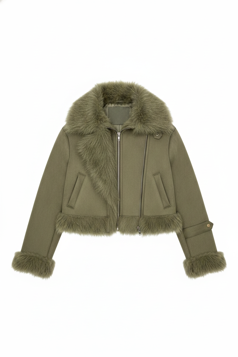 Faux Fur Trimmed Cropped Zipper Jacket