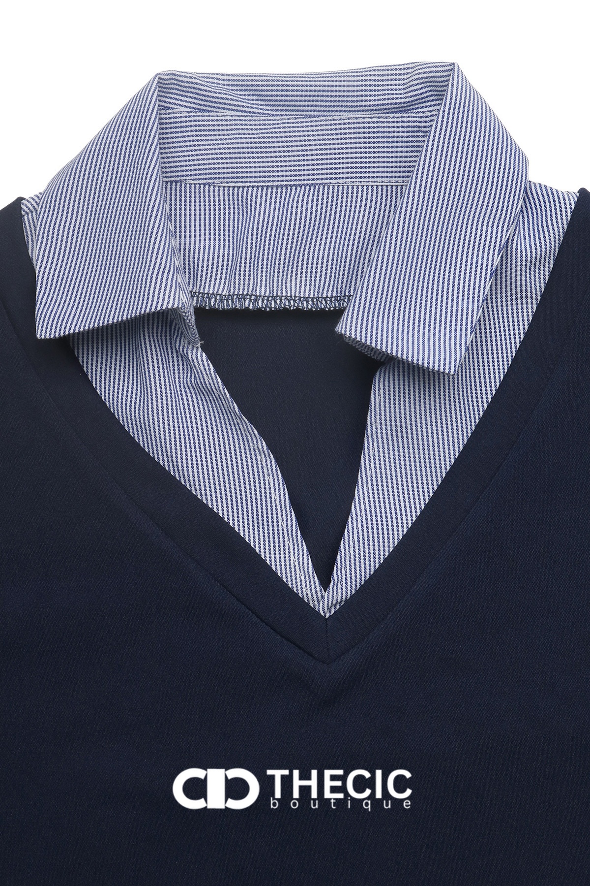 Faux Layered Striped Collar V-Neck Blouse