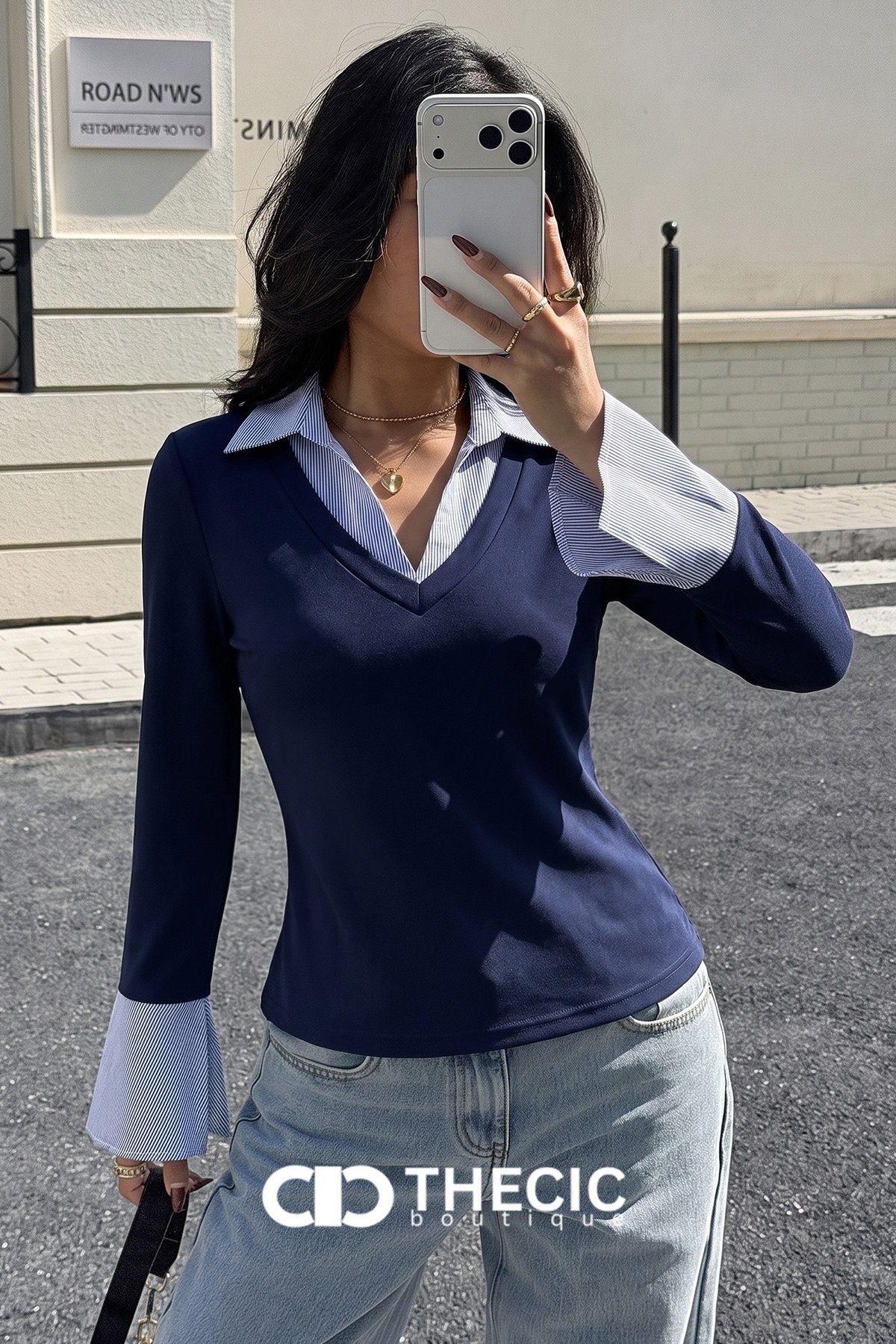 Faux Layered Striped Collar V-Neck Blouse