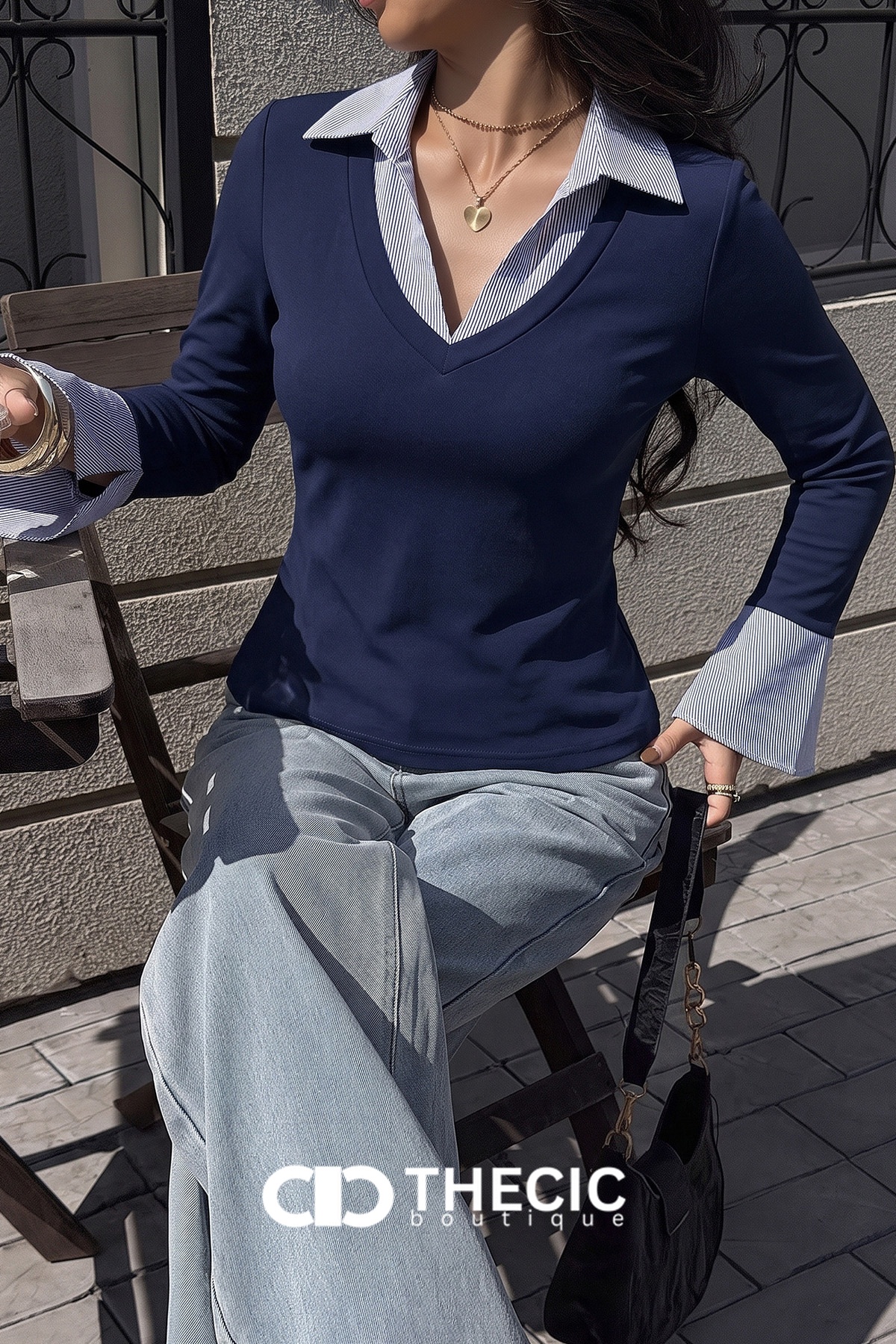 Faux Layered Striped Collar V-Neck Blouse