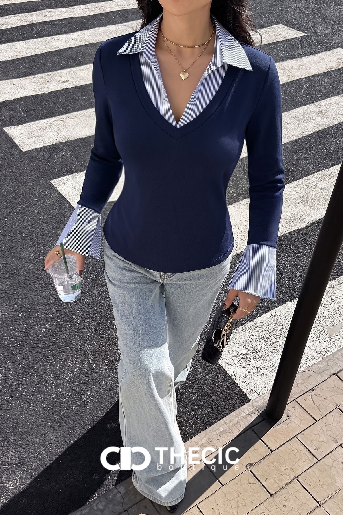 Faux Layered Striped Collar V-Neck Blouse