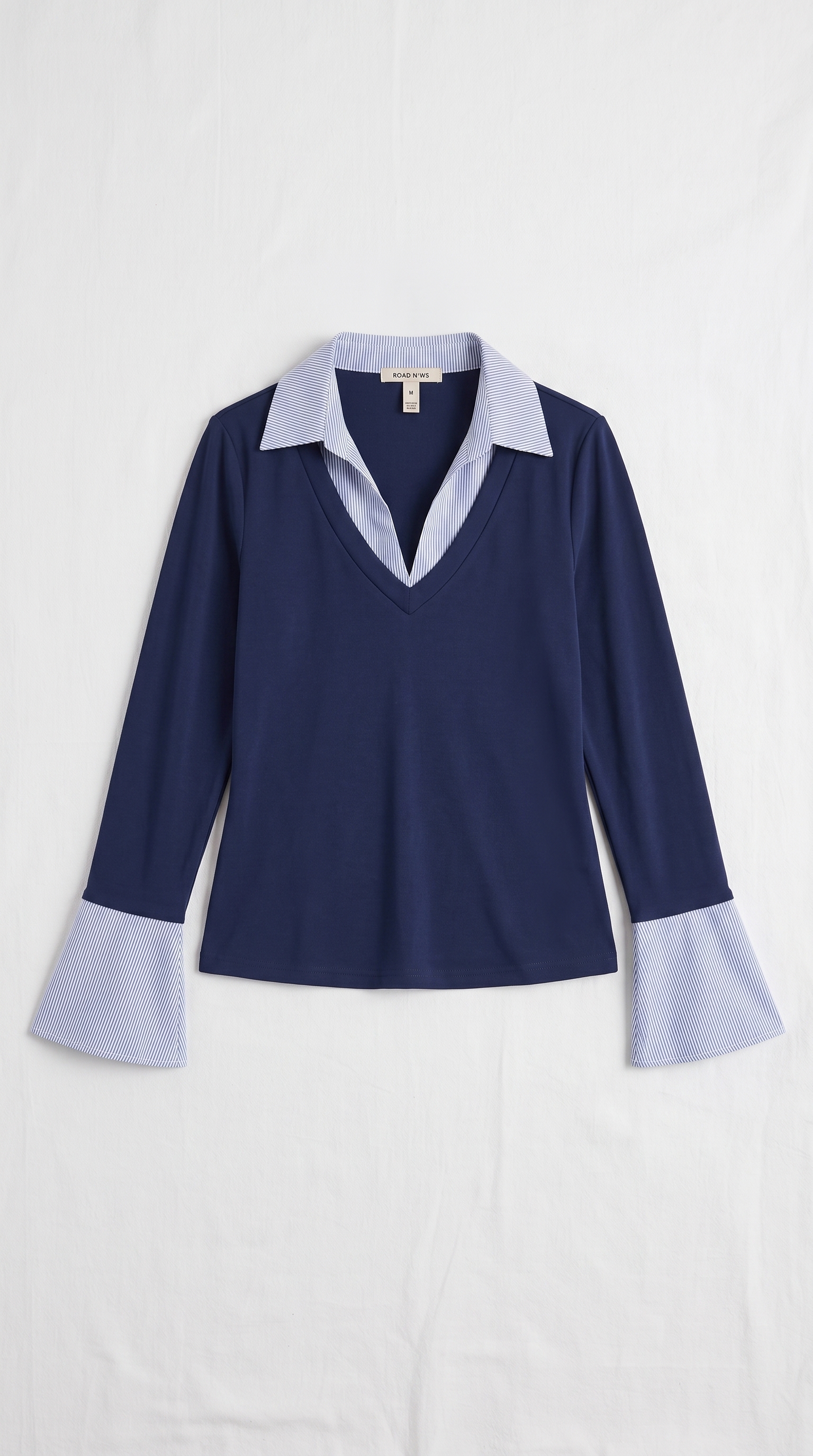 Faux Layered Striped Collar V-Neck Blouse