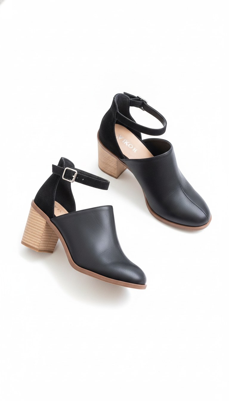 Faux Leather Ankle Strap Block Heel Mules