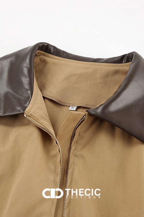 Faux Leather Collar Drawstring Waist Utility Jacket