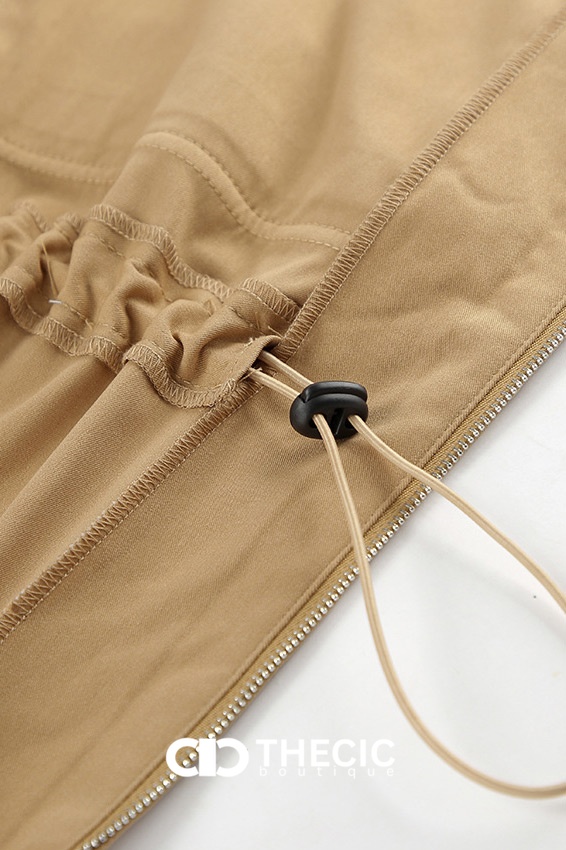Faux Leather Collar Drawstring Waist Utility Jacket