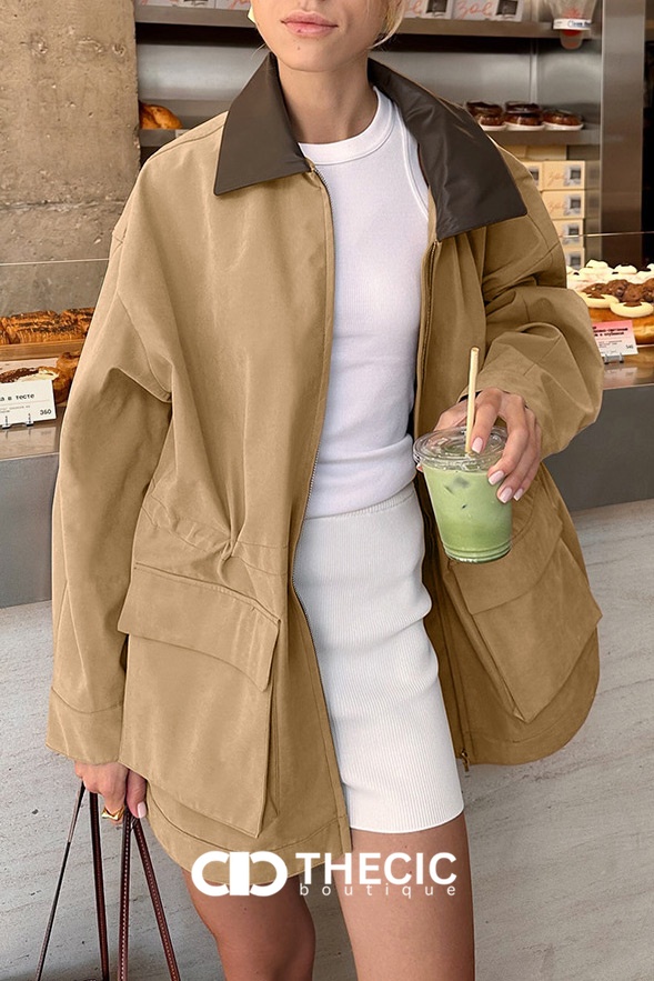Faux Leather Collar Drawstring Waist Utility Jacket