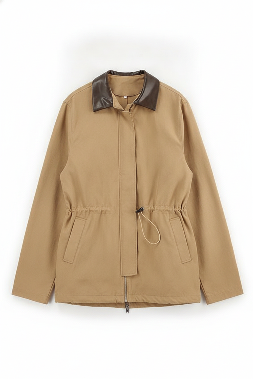 Faux Leather Collar Drawstring Waist Utility Jacket