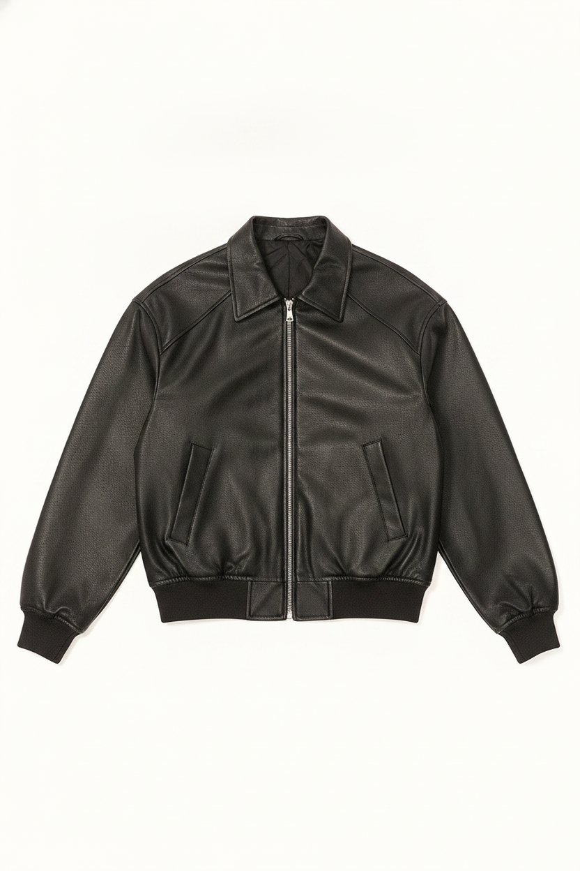 Faux Leather Collared Zip-Up Bomber Jacket