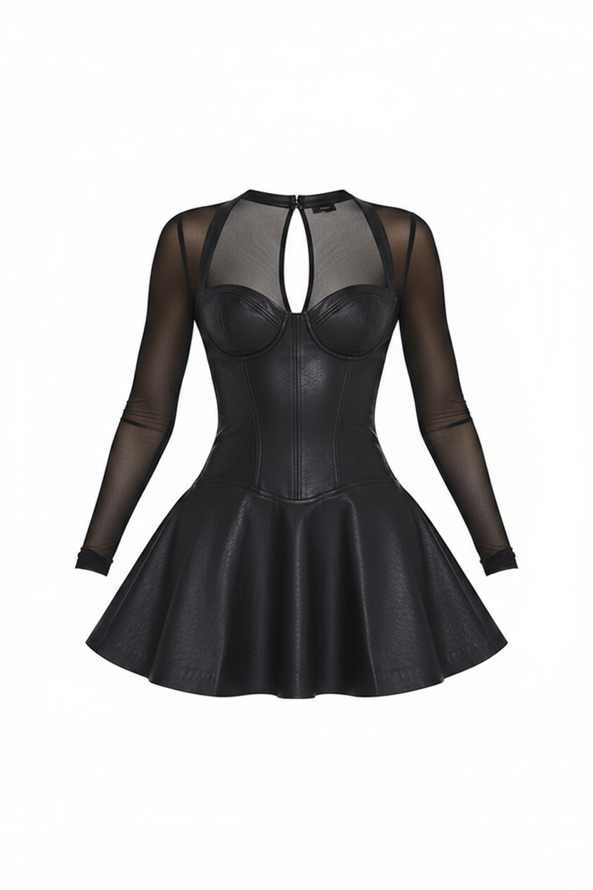 Faux Leather Corset Sheer Sleeve Flared Mini Dress