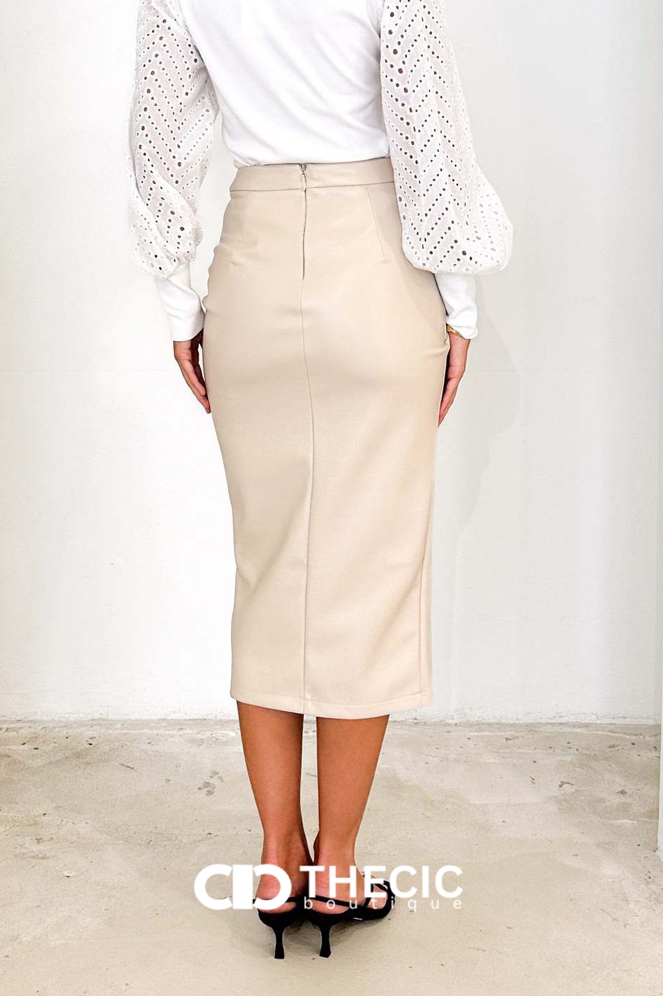 Faux Leather Draped Front Slit Midi Skirt