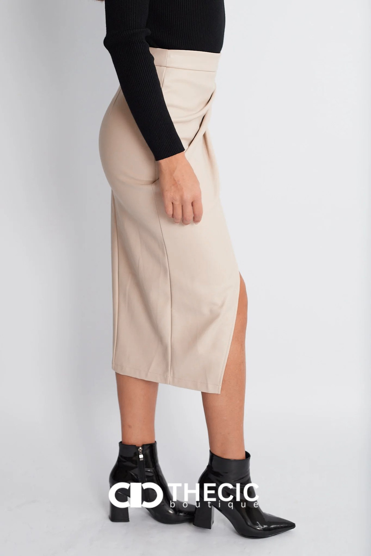 Faux Leather Draped Front Slit Midi Skirt