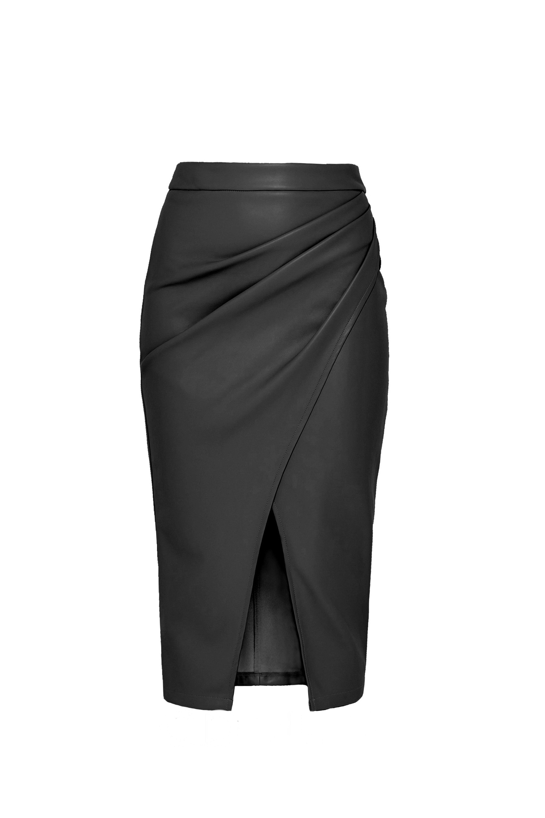 Faux Leather Draped Front Slit Midi Skirt
