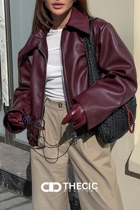 Faux Leather Oversized Wide Collar Bomber Jacket
