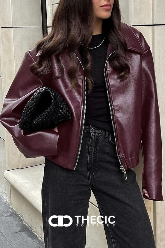 Faux Leather Oversized Wide Collar Bomber Jacket