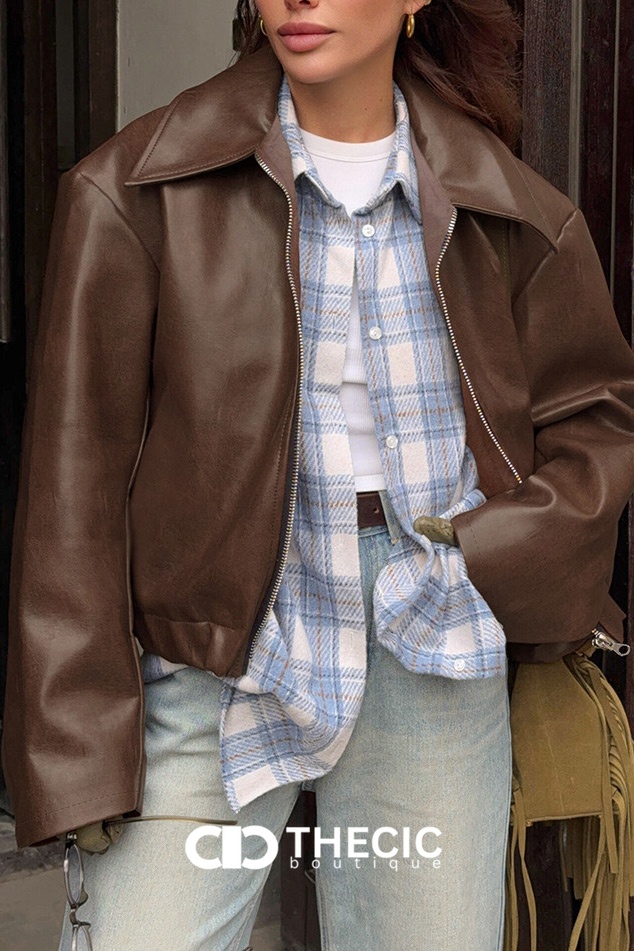 Faux Leather Oversized Wide Collar Bomber Jacket