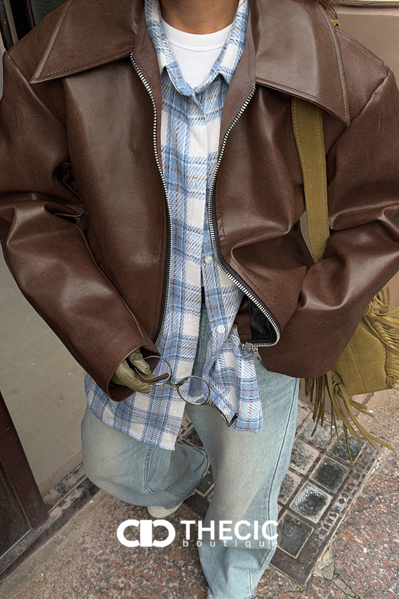 Faux Leather Oversized Wide Collar Bomber Jacket