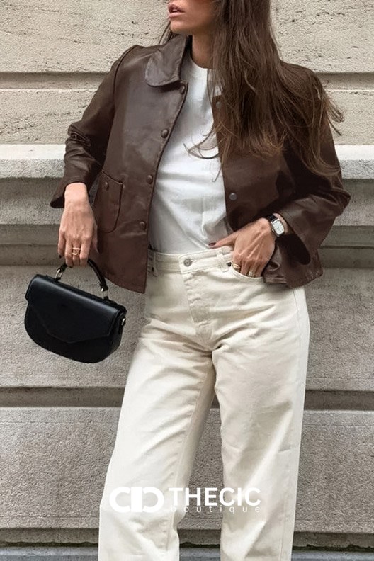 Faux Leather Peter Pan Collar Cropped Jacket
