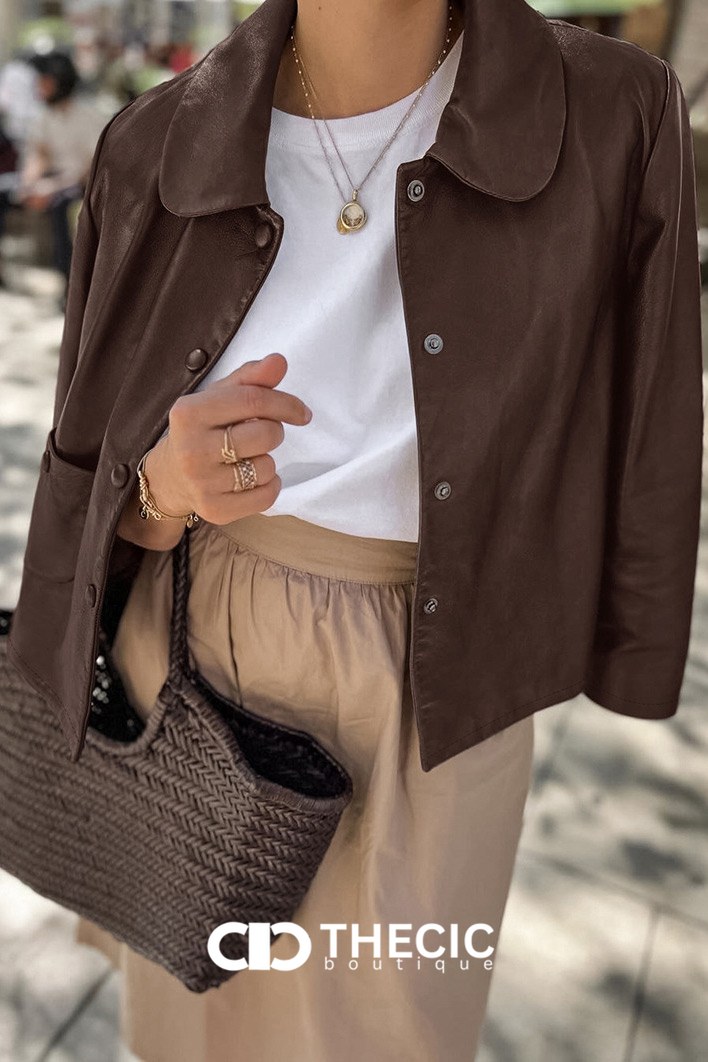Faux Leather Peter Pan Collar Cropped Jacket