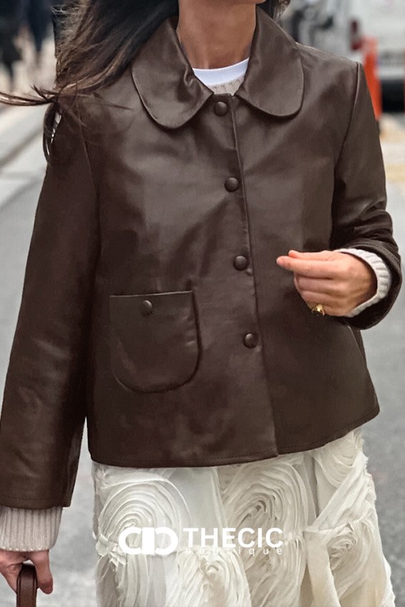 Faux Leather Peter Pan Collar Cropped Jacket