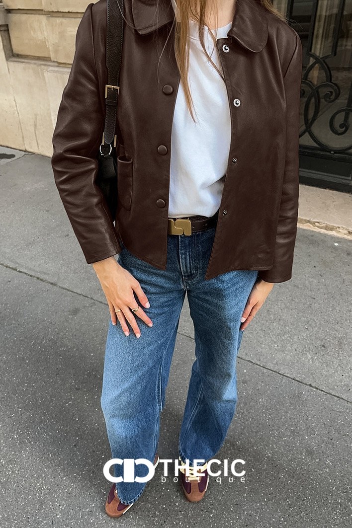 Faux Leather Peter Pan Collar Cropped Jacket