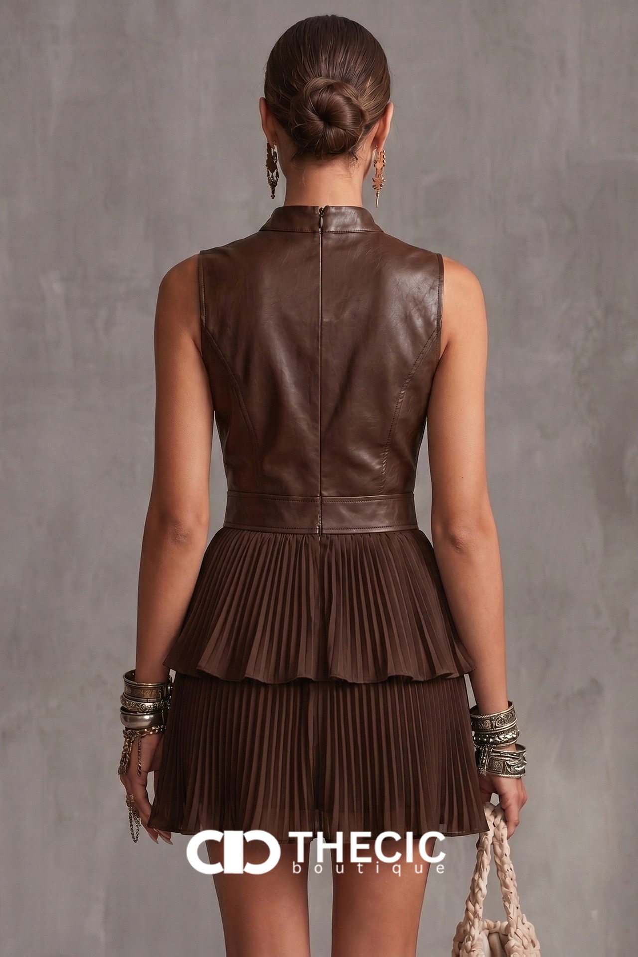 Faux Leather Pleated Tiered Mini Dress