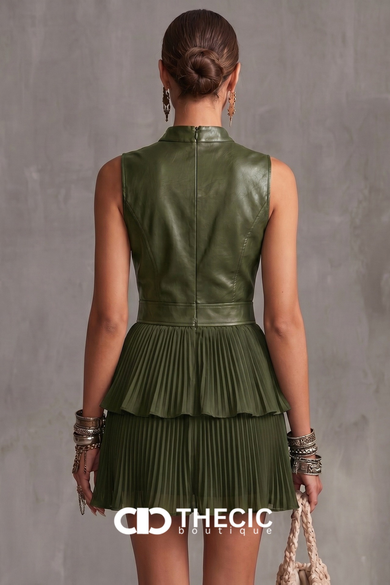 Faux Leather Pleated Tiered Mini Dress