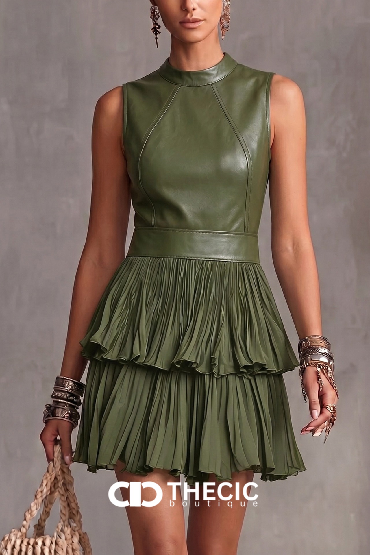 Faux Leather Pleated Tiered Mini Dress