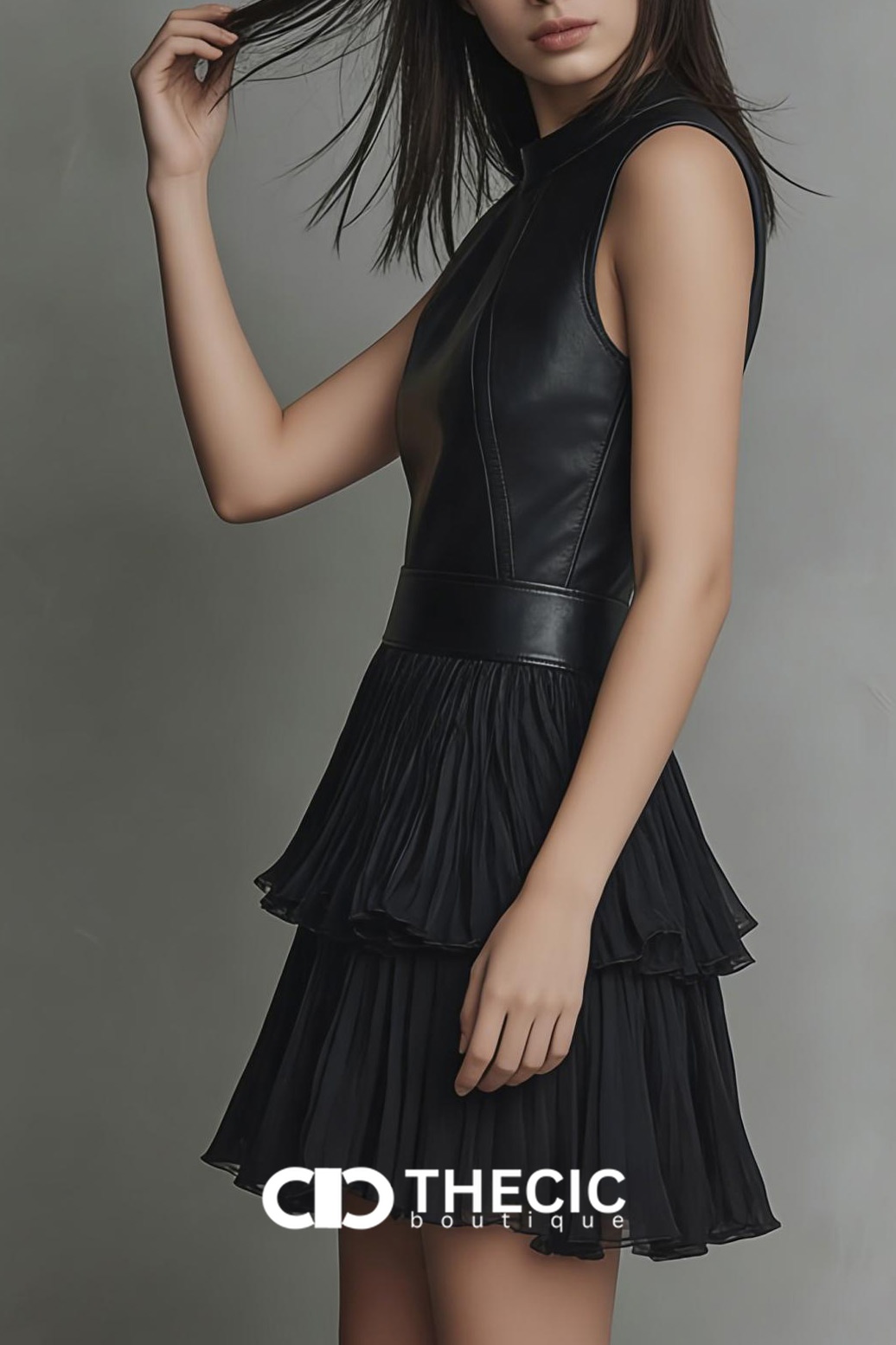 Faux Leather Pleated Tiered Mini Dress