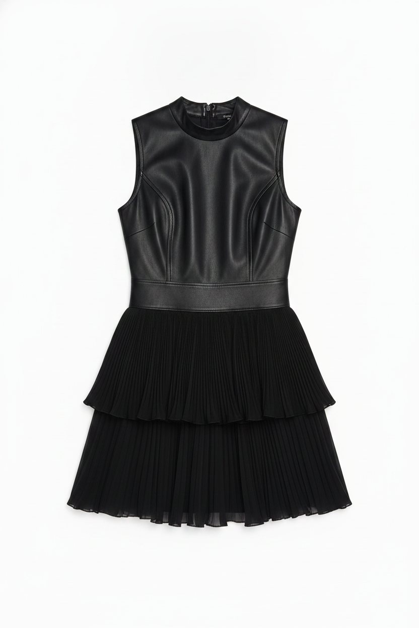 Faux Leather Pleated Tiered Mini Dress