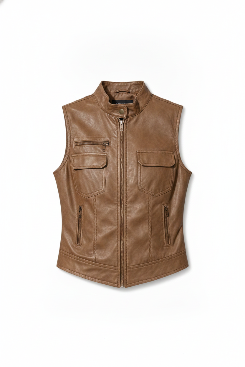 Faux Leather Sleeveless Zippered Pocket Vest