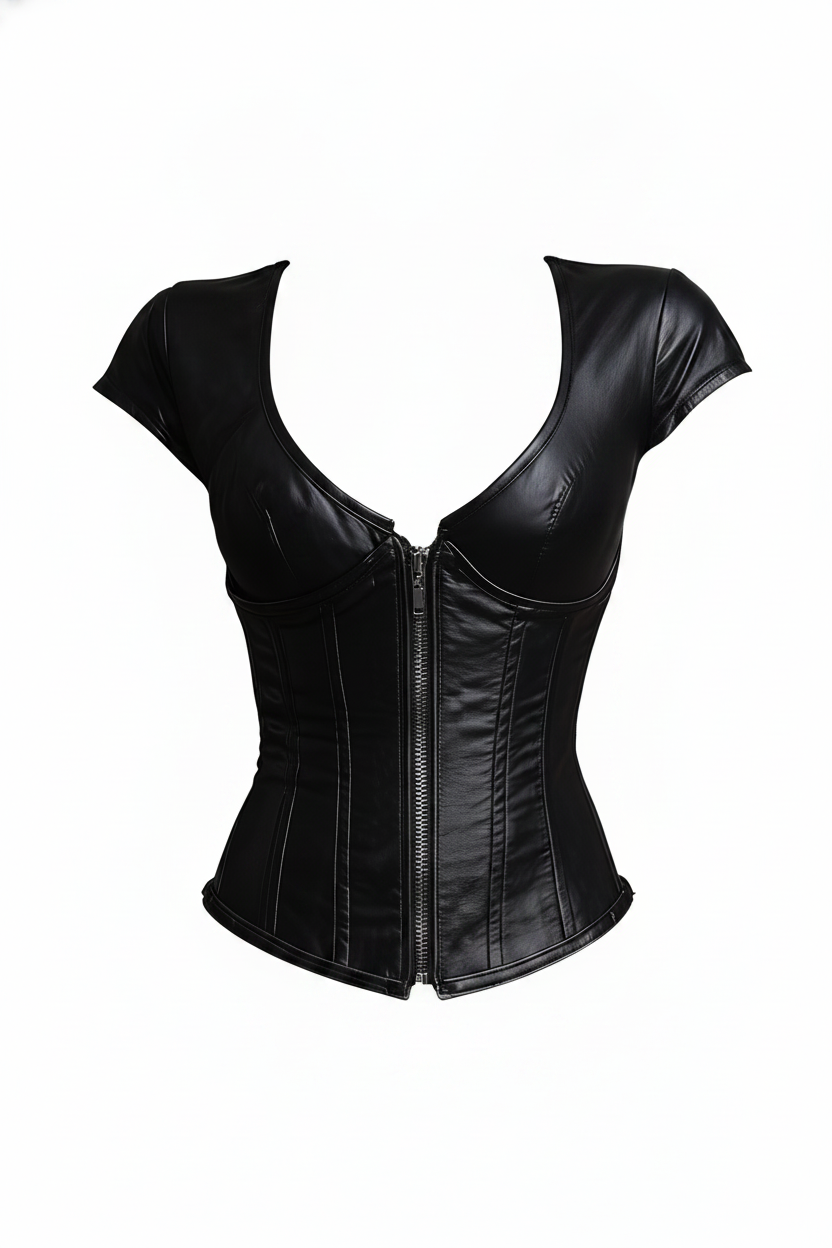 Faux Leather Zipper Front Corset Top