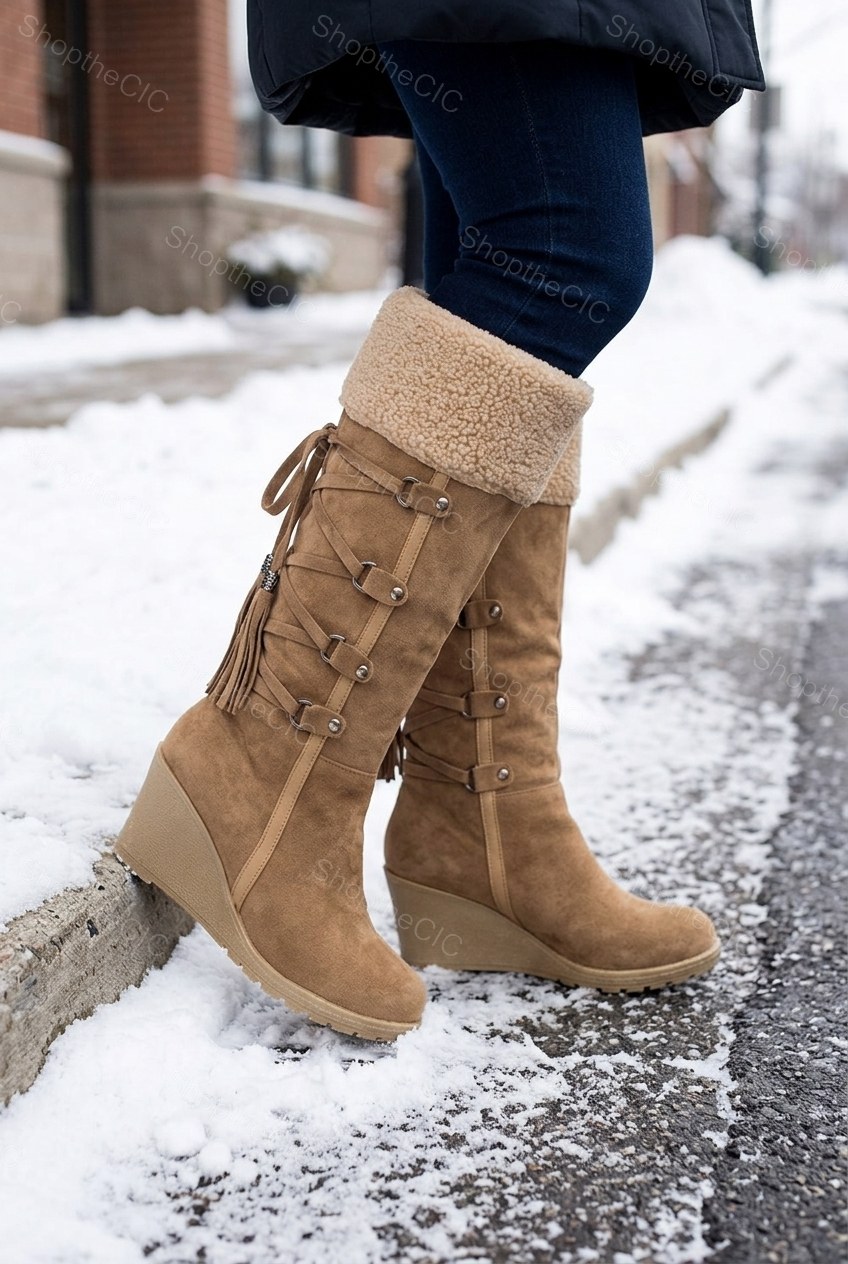 Faux Shearling Cuff Lace-Up Wedge Knee-High Boots