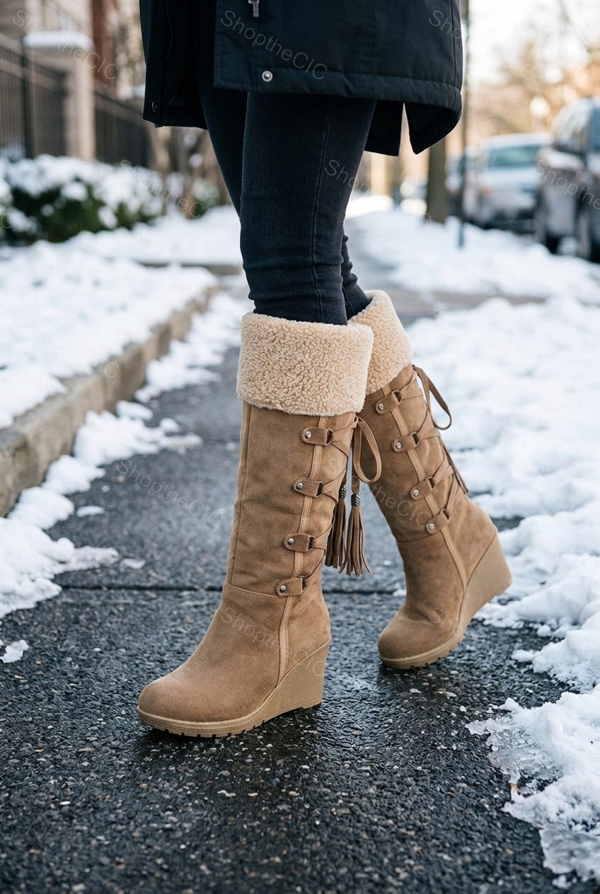 Faux Shearling Cuff Lace-Up Wedge Knee-High Boots