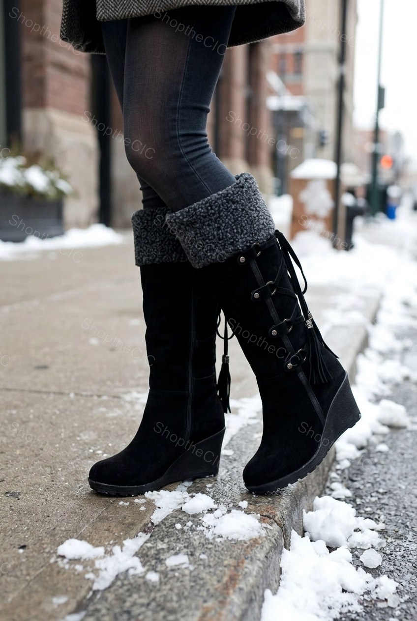 Faux Shearling Cuff Lace-Up Wedge Knee-High Boots