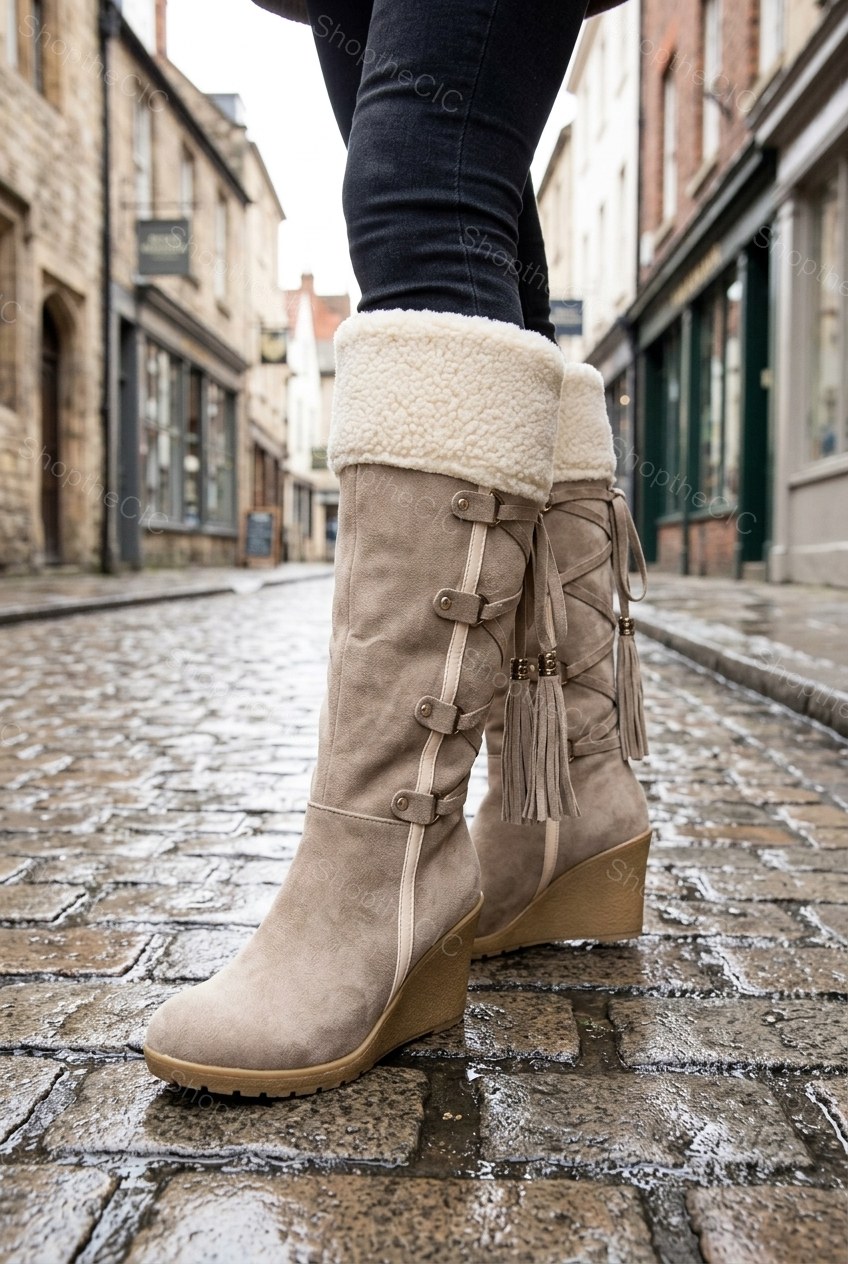 Faux Shearling Cuff Lace-Up Wedge Knee-High Boots