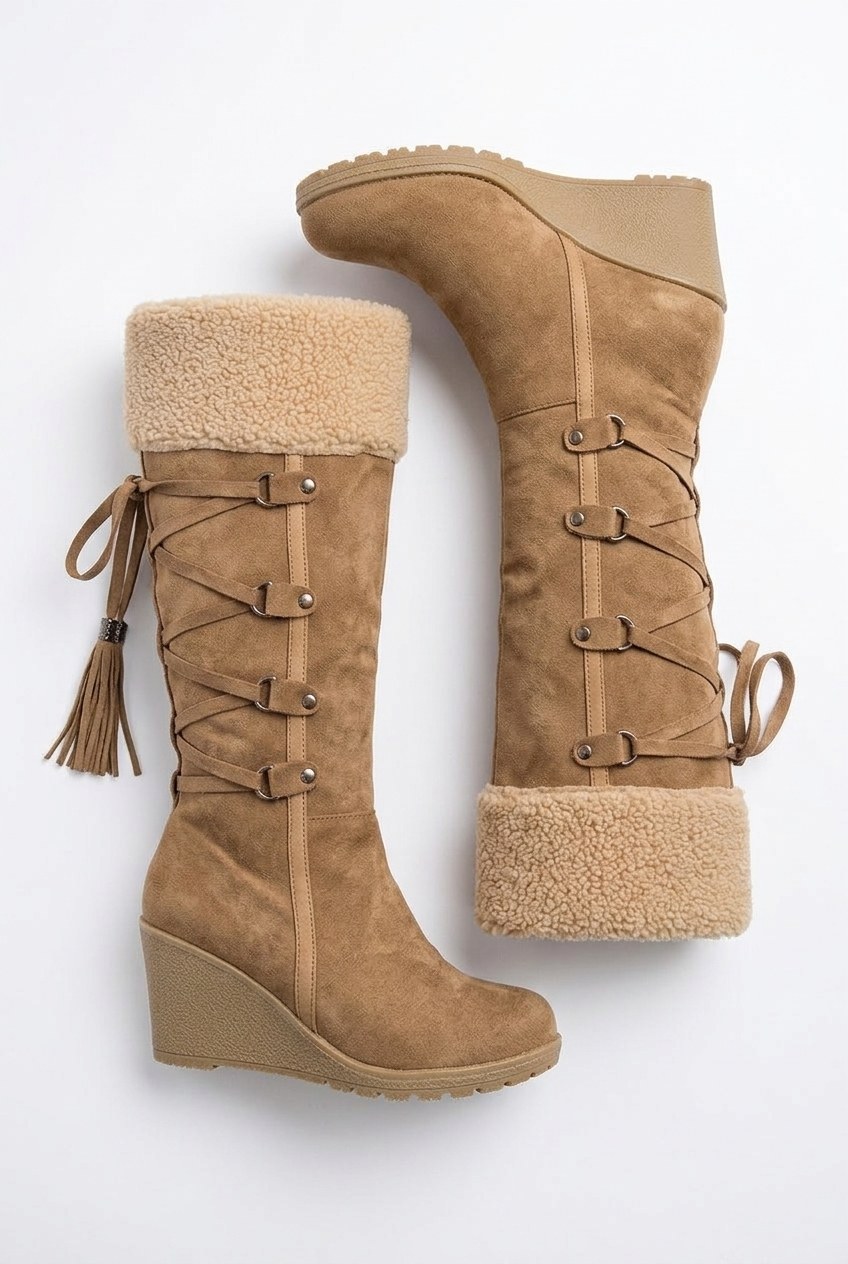 Faux Shearling Cuff Lace-Up Wedge Knee-High Boots