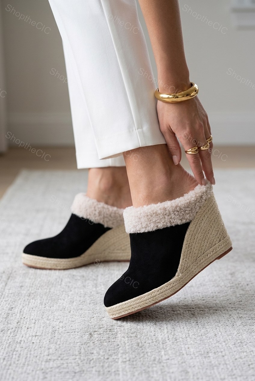 Faux Shearling Suede Espadrille Wedge Mules