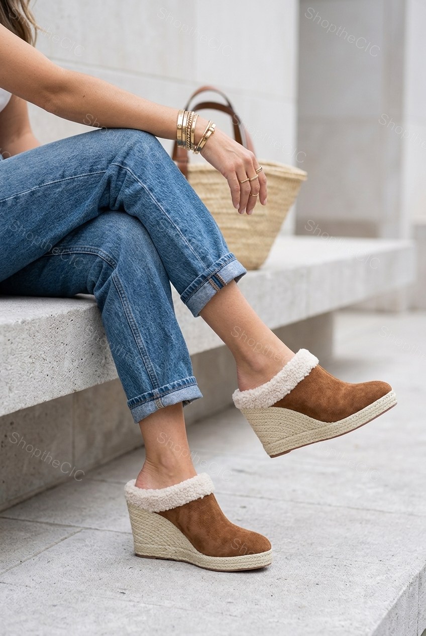 Faux Shearling Suede Espadrille Wedge Mules