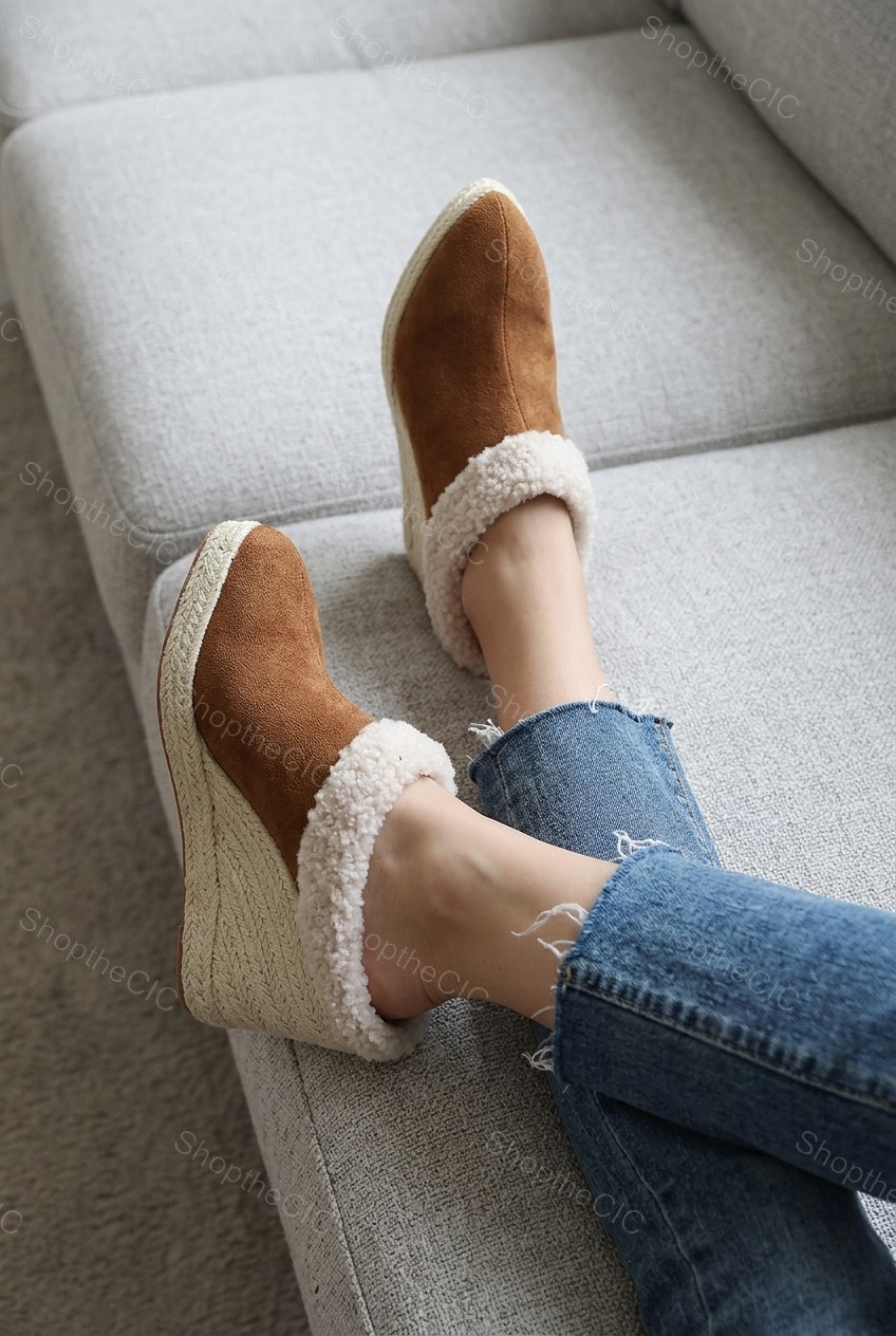 Faux Shearling Suede Espadrille Wedge Mules