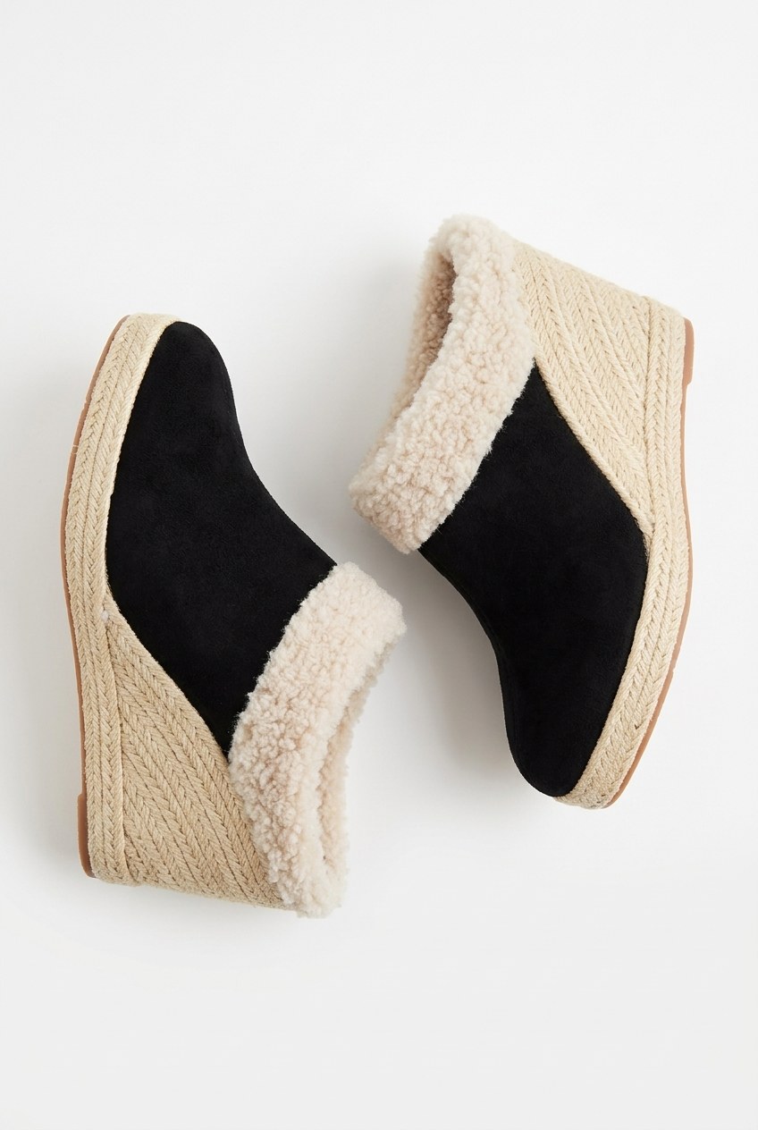 Faux Shearling Suede Espadrille Wedge Mules