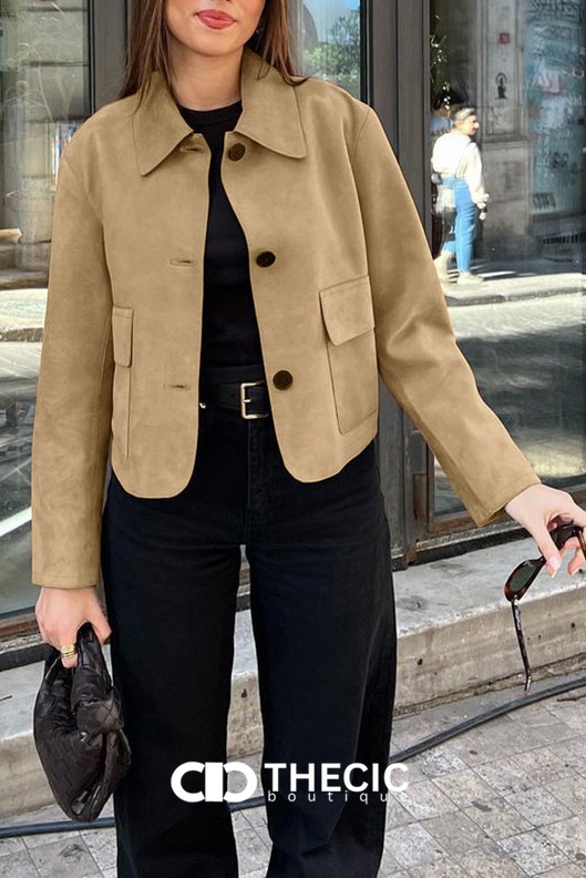 Faux Suede Collared Cropped Button-Front Jacket