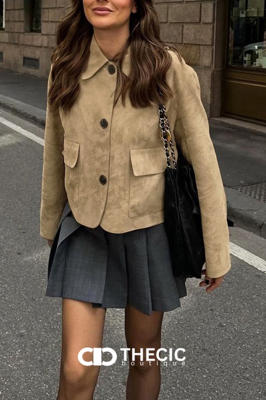 Faux Suede Collared Cropped Button-Front Jacket