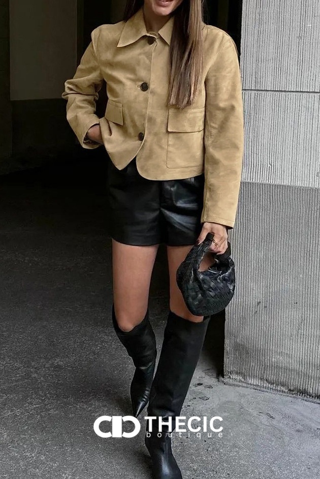Faux Suede Collared Cropped Button-Front Jacket