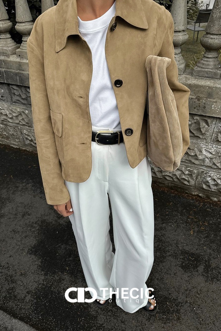 Faux Suede Collared Cropped Button-Front Jacket