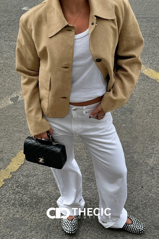 Faux Suede Collared Cropped Button-Front Jacket