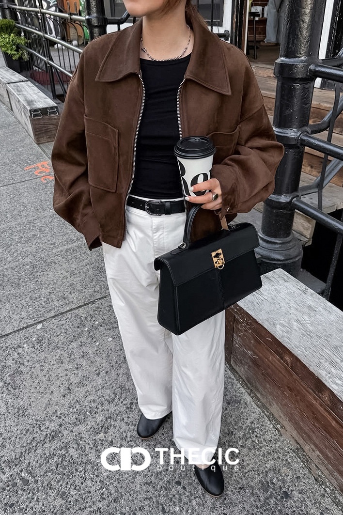 Faux Suede Collared Zip-Up Jacket