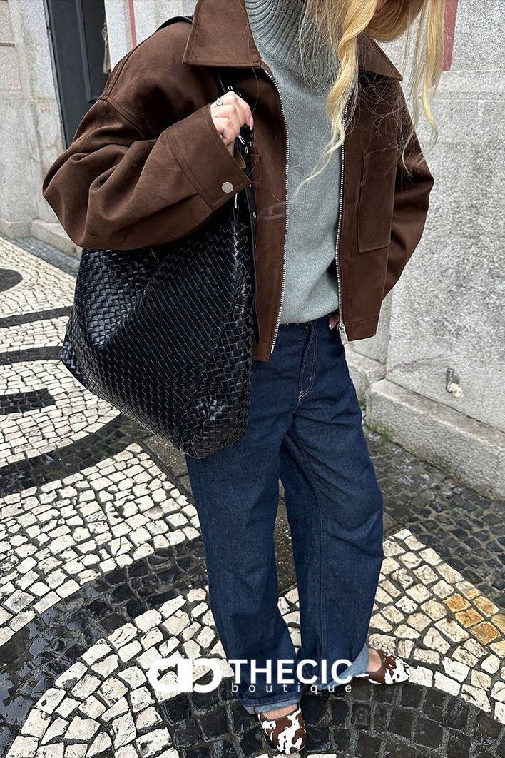 Faux Suede Collared Zip-Up Jacket