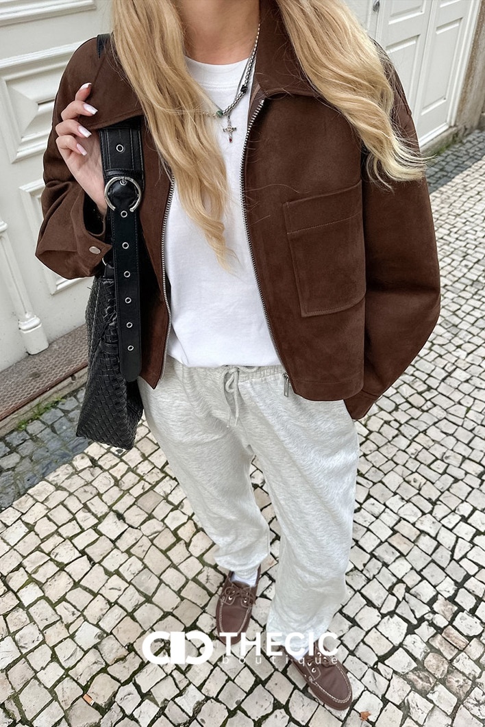 Faux Suede Collared Zip-Up Jacket