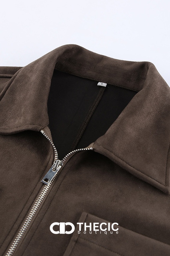 Faux Suede Collared Zip-Up Jacket