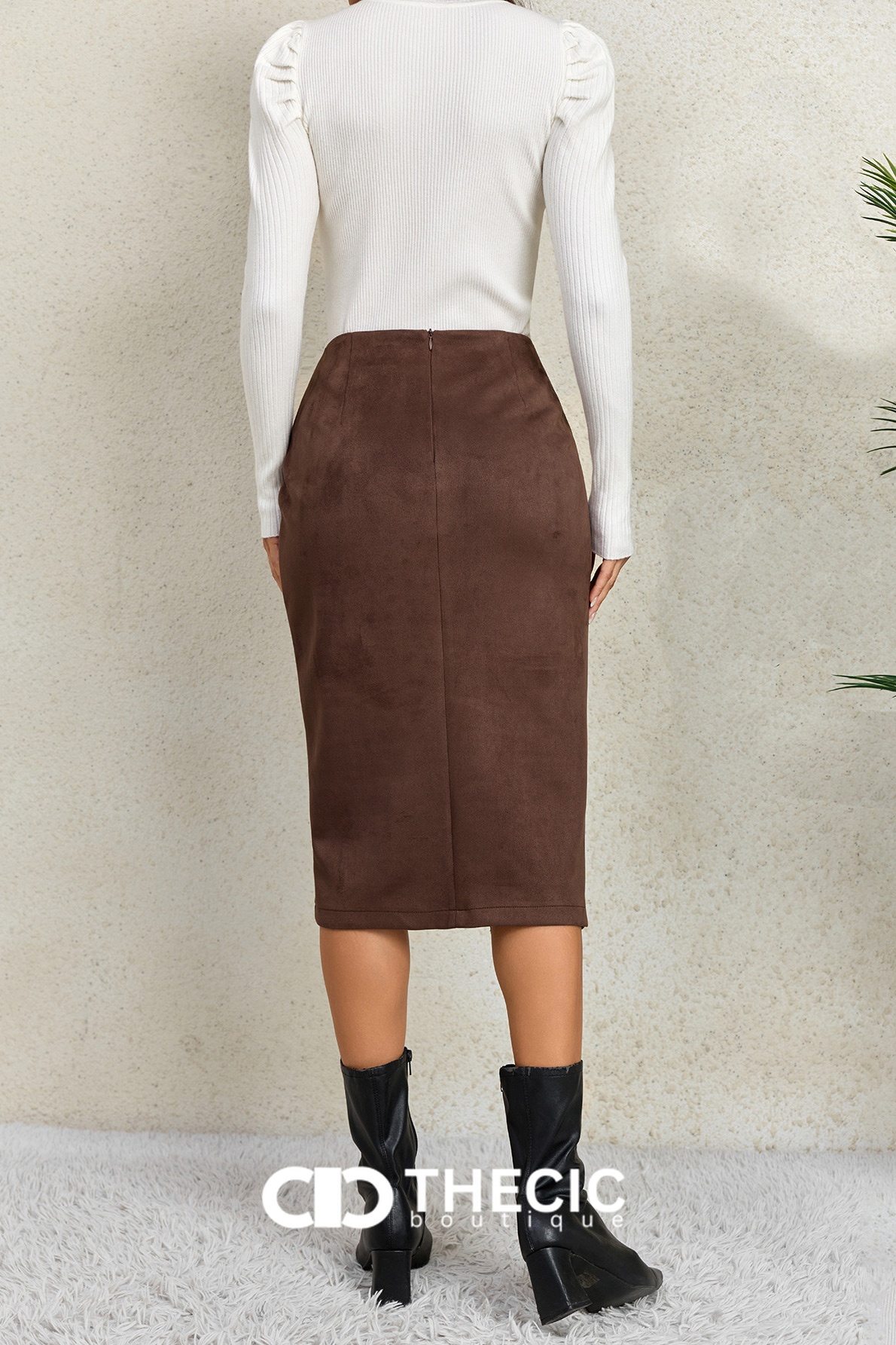 Faux Suede Draped Wrap Slit Midi Skirt